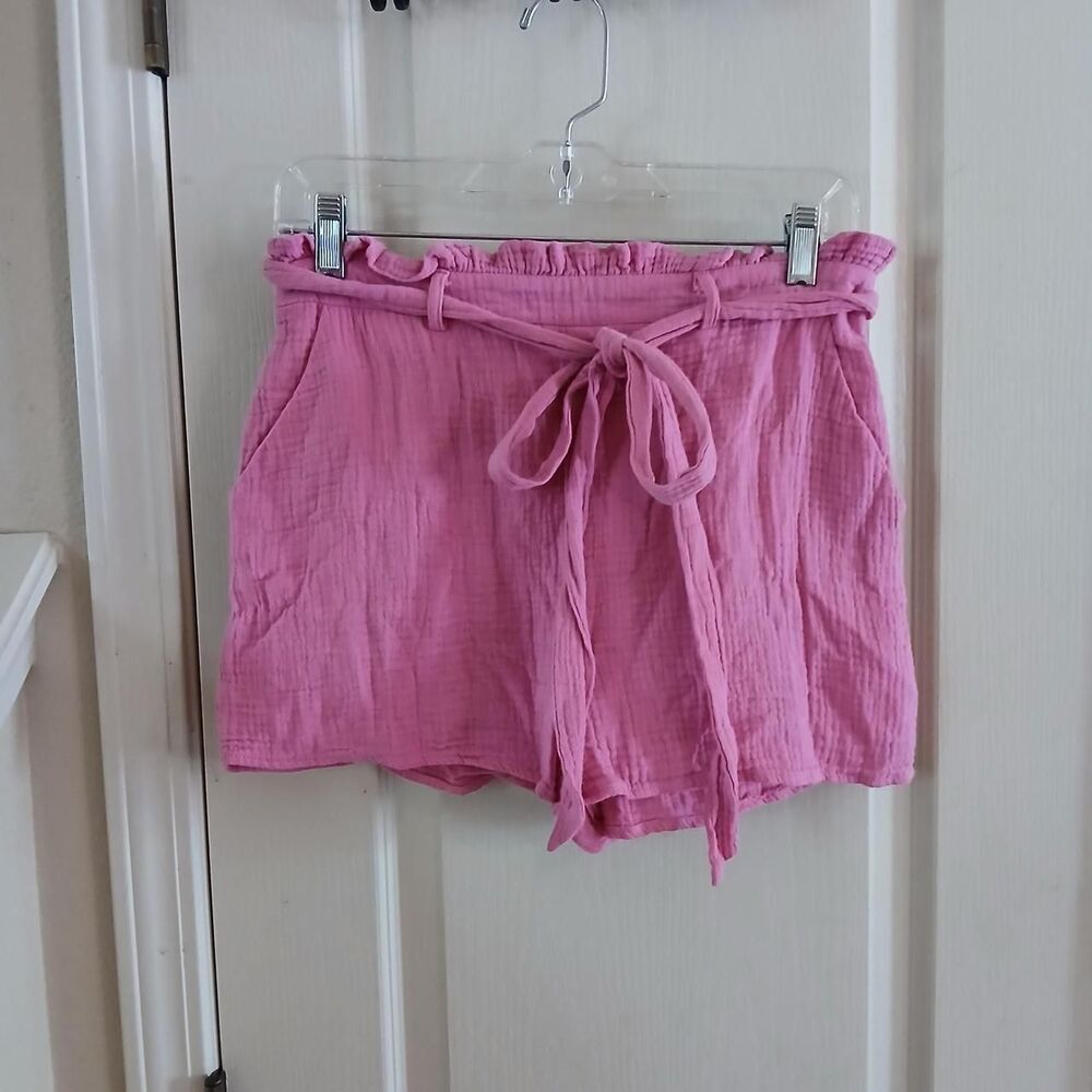 Lulu's Pink Cotton Gauze Paper Bag Waist Shorts Sash Belt M Barbiecore Coastal